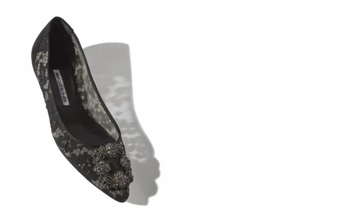 Women Black Lace Jewel Buckle Flat Pumps Manolo Blahnik Flats