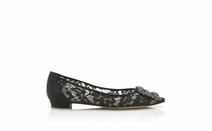 Women Black Lace Jewel Buckle Flat Pumps Manolo Blahnik Flats