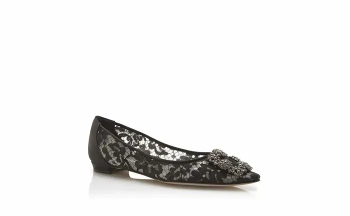 Women Black Lace Jewel Buckle Flat Pumps Manolo Blahnik Flats
