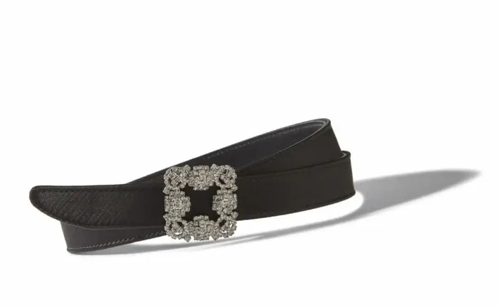 Women Black Satin Crystal Buckled Belt Manolo Blahnik Belts