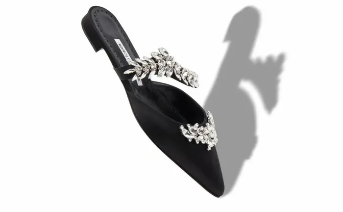 Women Black Satin Crystal Embellished Flat Mules Manolo Blahnik Flats