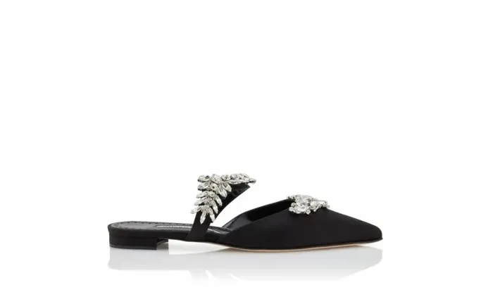 Women Black Satin Crystal Embellished Flat Mules Manolo Blahnik Flats