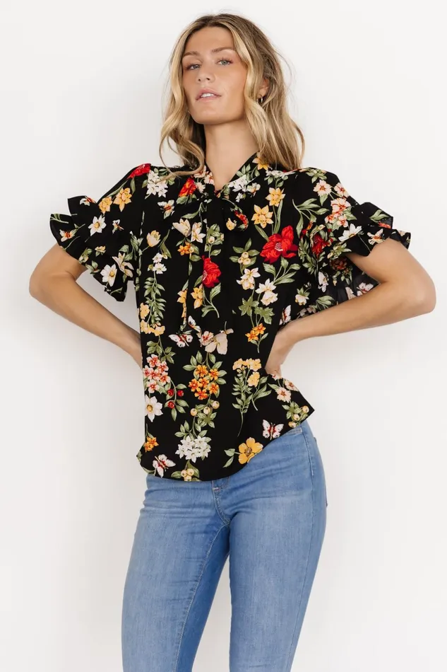 Women Blouses Shirts Baltic Born Judy Ruffle Sleeve Top Black Multi