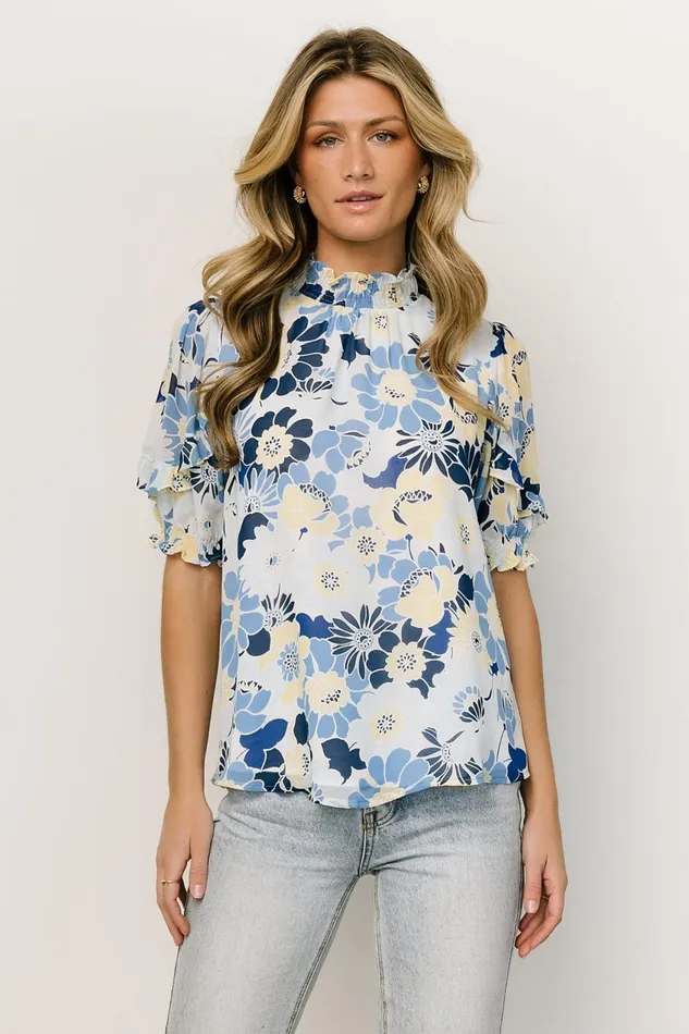 Women Blouses Shirts Baltic Born Lisa Ruffle Sleeve Top Blue Floral