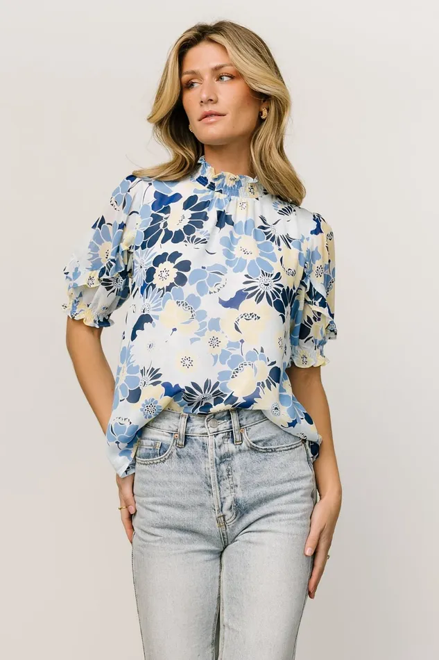 Women Blouses Shirts Baltic Born Lisa Ruffle Sleeve Top Blue Floral Women Blouses Shirts Baltic Born Lisa Ruffle Sleeve Top Blue Floral