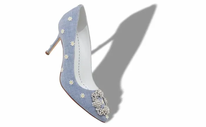 Women Blue And White Chambray Jewel Buckle Pumps Manolo Blahnik Pumps