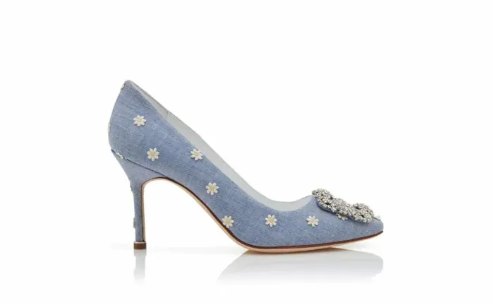 Women Blue And White Chambray Jewel Buckle Pumps Manolo Blahnik Pumps