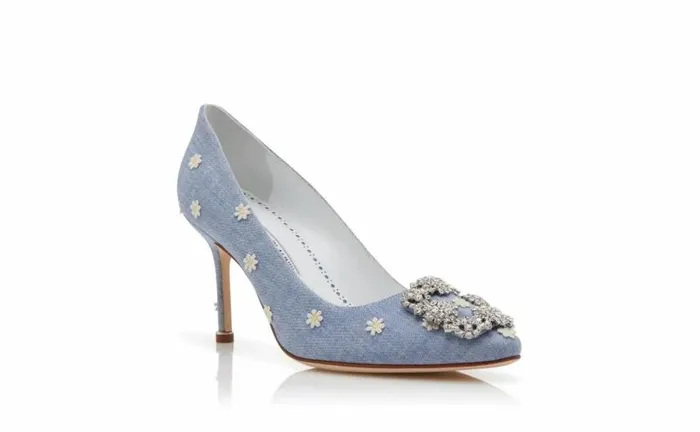 Women Blue And White Chambray Jewel Buckle Pumps Manolo Blahnik Pumps