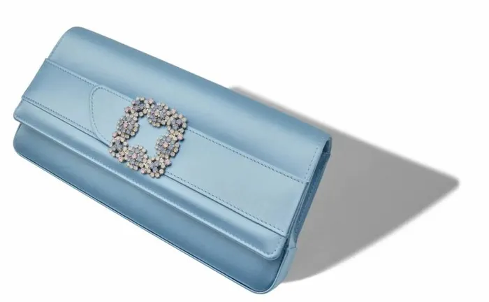 Women Blue Satin Jewel Buckle Clutch Manolo Blahnik Gifts For Her