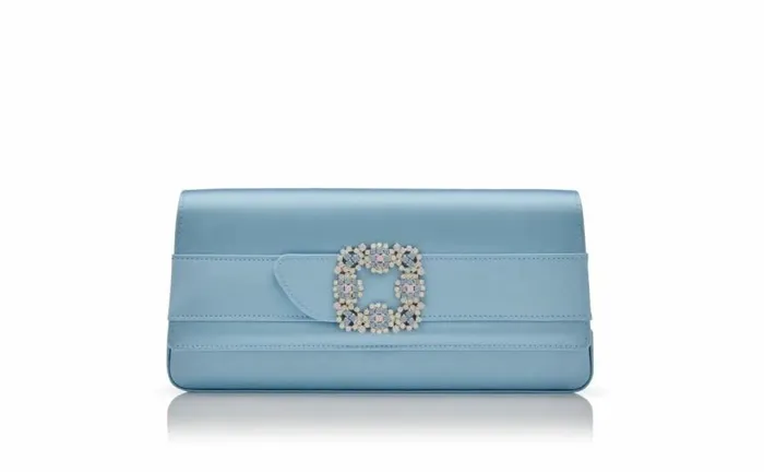 Women Blue Satin Jewel Buckle Clutch Manolo Blahnik Gifts For Her