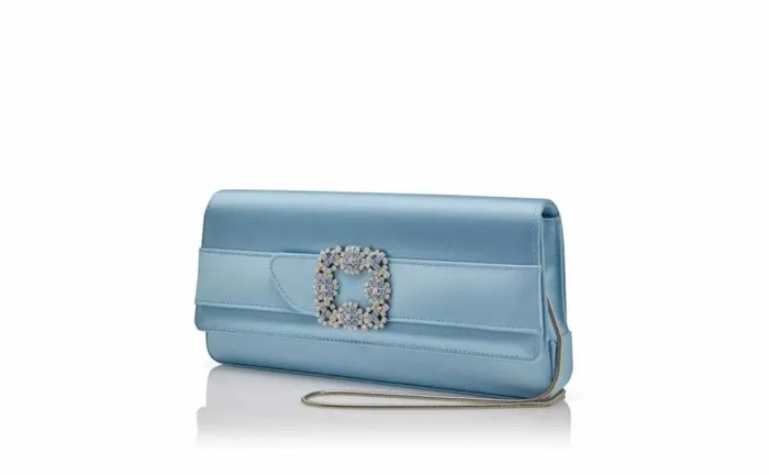 Women Blue Satin Jewel Buckle Clutch Manolo Blahnik Gifts For Her