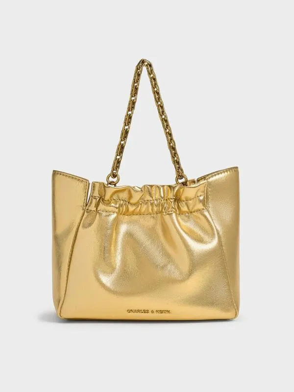 Women Brigette Ruched Metallic ChainHandle Shoulder Bag 8211 Gold CHARLES and KEITH Slouchy Bags