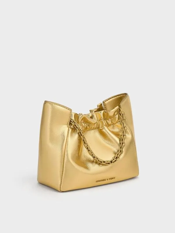 Women Brigette Ruched Metallic ChainHandle Shoulder Bag 8211 Gold CHARLES and KEITH Slouchy Bags