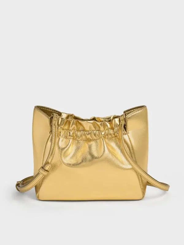 Women Brigette Ruched Metallic ChainHandle Shoulder Bag 8211 Gold CHARLES and KEITH Slouchy Bags