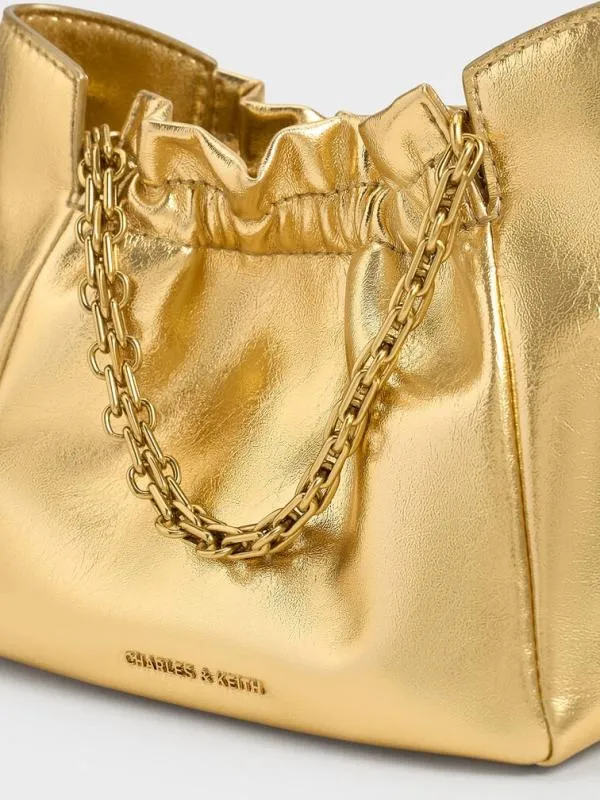 Women Brigette Ruched Metallic ChainHandle Shoulder Bag 8211 Gold CHARLES and KEITH Slouchy Bags