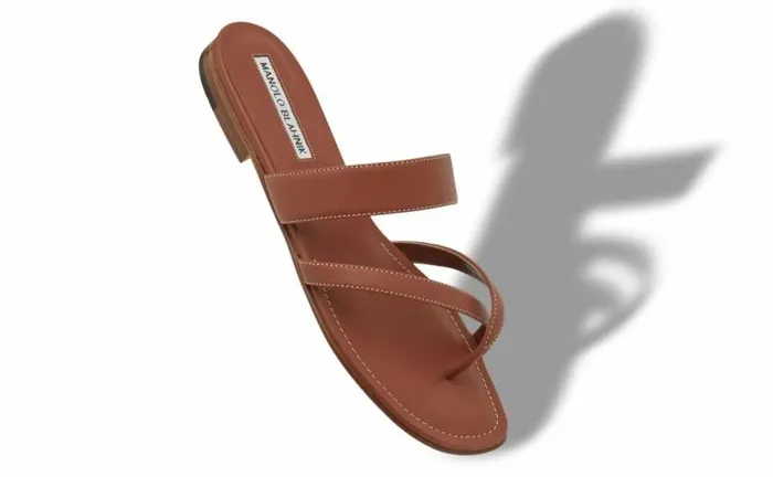 Women Brown Calf Leather Crossover Flat Sandals Manolo Blahnik Flats