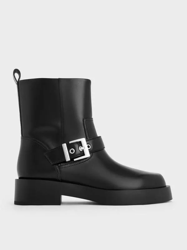 Women BuckleStrap Biker Boots 8211 Black CHARLES and KEITH Boots