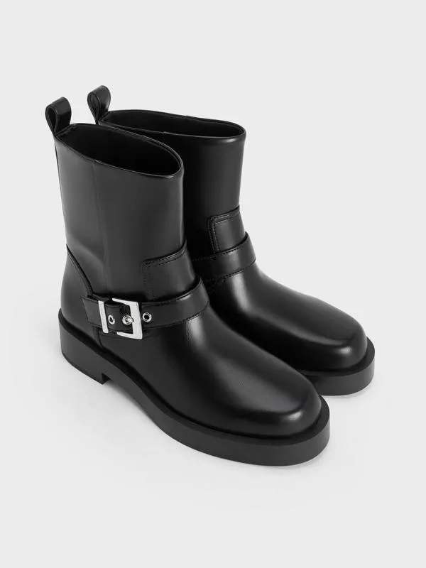 Women BuckleStrap Biker Boots 8211 Black CHARLES and KEITH Boots