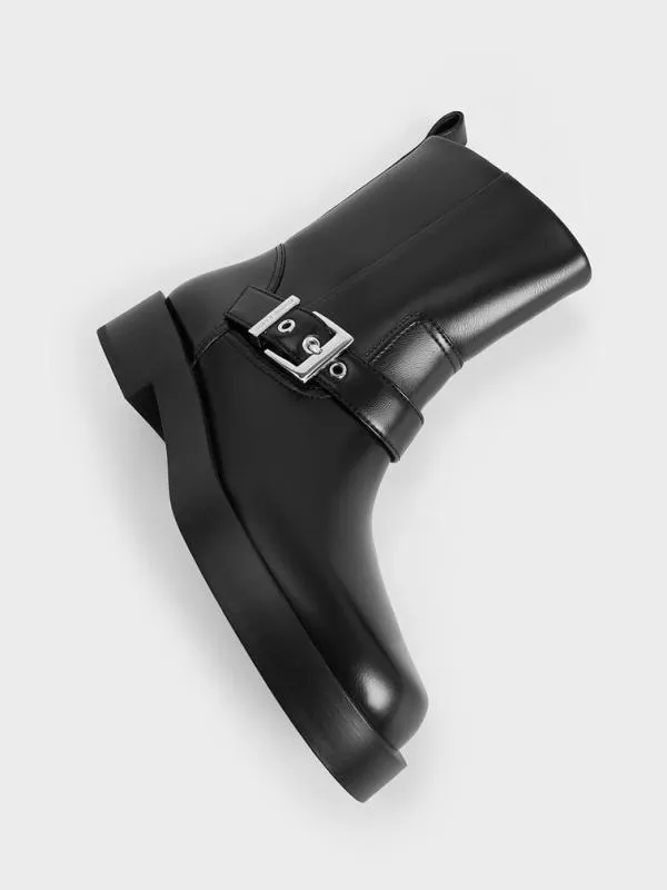 Women BuckleStrap Biker Boots 8211 Black CHARLES and KEITH Boots