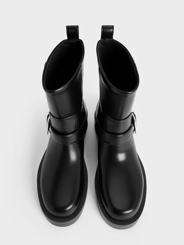 Women BuckleStrap Biker Boots 8211 Black CHARLES and KEITH Boots
