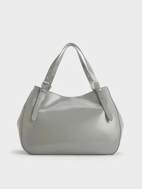 Women BuckleStrap Slouchy Tote Bag 8211 Grey CHARLES and KEITH Slouchy Bags