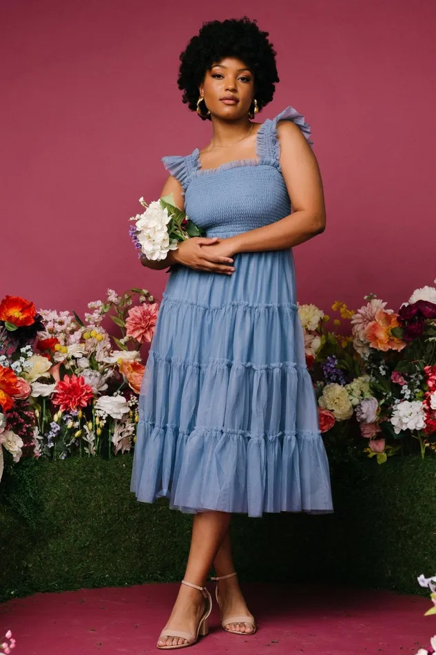 Women Bump Friendly Baltic Born Emma Smocked Tulle Dress Slate Blue