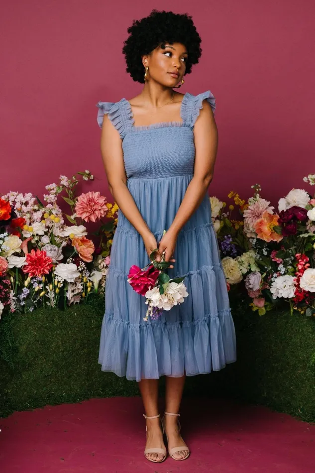 Women Bump Friendly Baltic Born Emma Smocked Tulle Dress Slate Blue