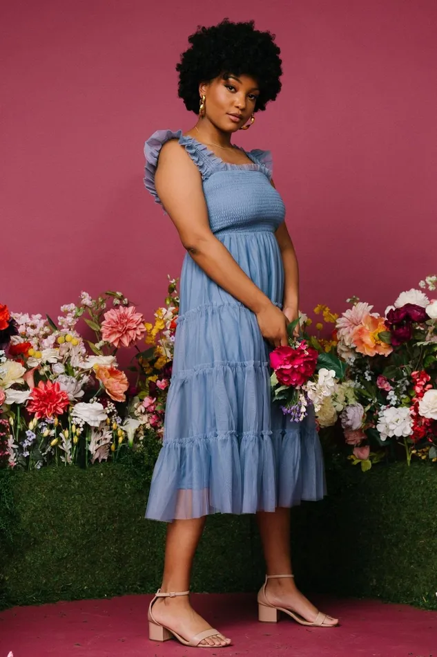 Women Bump Friendly Baltic Born Emma Smocked Tulle Dress Slate Blue