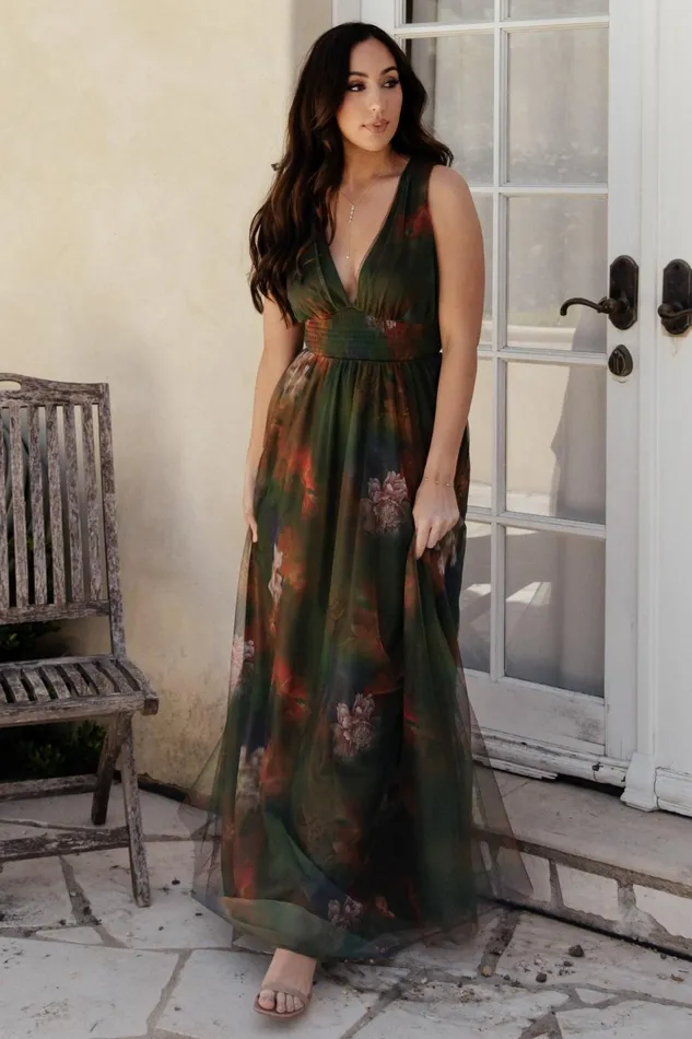 Women Bump Friendly Baltic Born Kamila Tulle Maxi Dress Olive Multi Floral