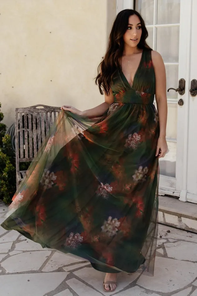 Women Bump Friendly Baltic Born Kamila Tulle Maxi Dress Olive Multi Floral