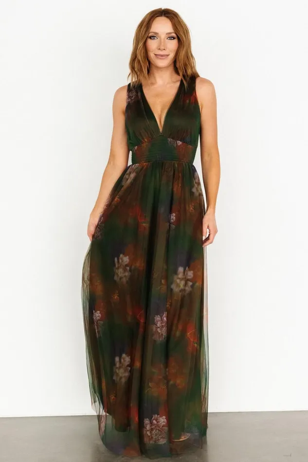 Women Bump Friendly Baltic Born Kamila Tulle Maxi Dress Olive Multi Floral