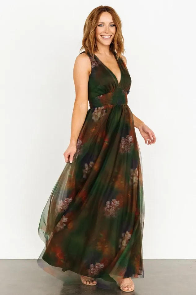 Women Bump Friendly Baltic Born Kamila Tulle Maxi Dress Olive Multi Floral
