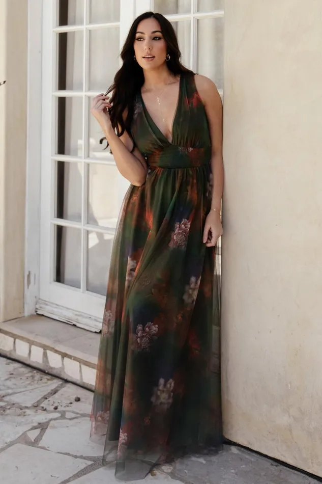 Women Bump Friendly Baltic Born Kamila Tulle Maxi Dress Olive Multi Floral