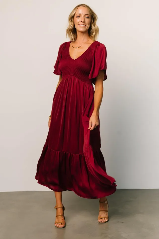 Women Bump Friendly Baltic Born Lovell Smocked Midi Dress Wine