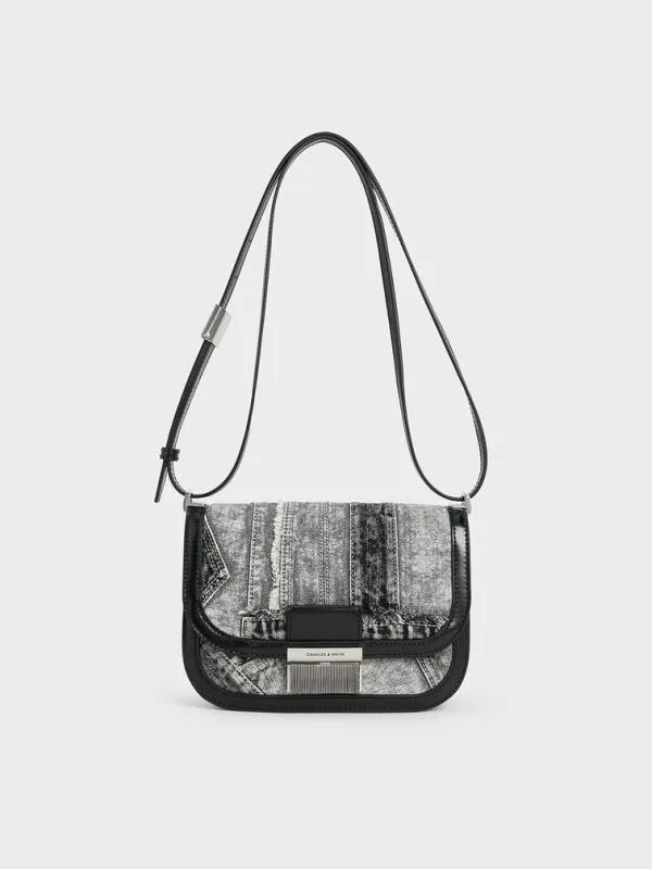 Women Charlot Patchwork Denim Bag 8211 Noir CHARLES and KEITH Crossbody Bags