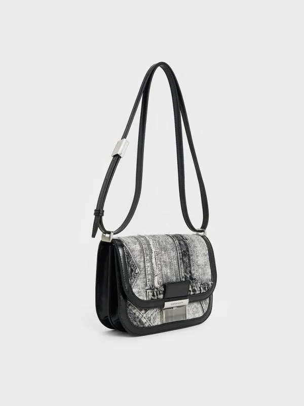 Women Charlot Patchwork Denim Bag 8211 Noir CHARLES and KEITH Crossbody Bags