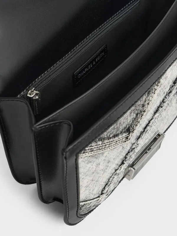 Women Charlot Patchwork Denim Bag 8211 Noir CHARLES and KEITH Crossbody Bags