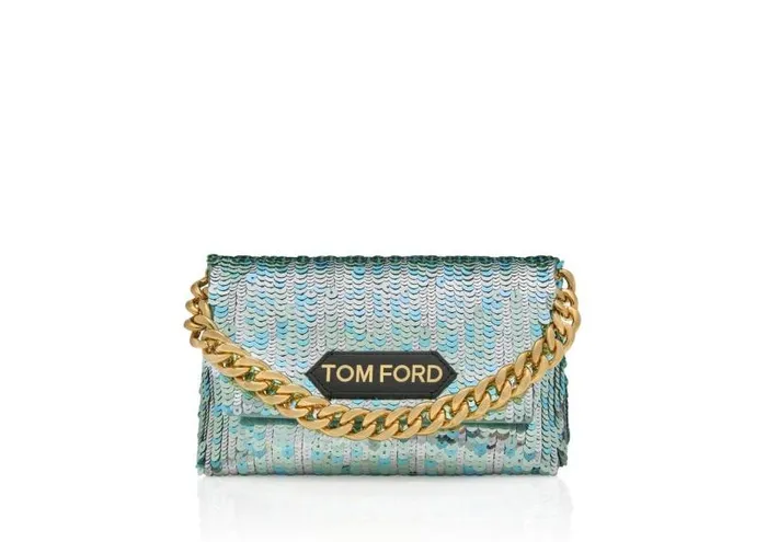 Women Clutches Tom Ford Sequin Label Mini Chain Bag Aqua Black