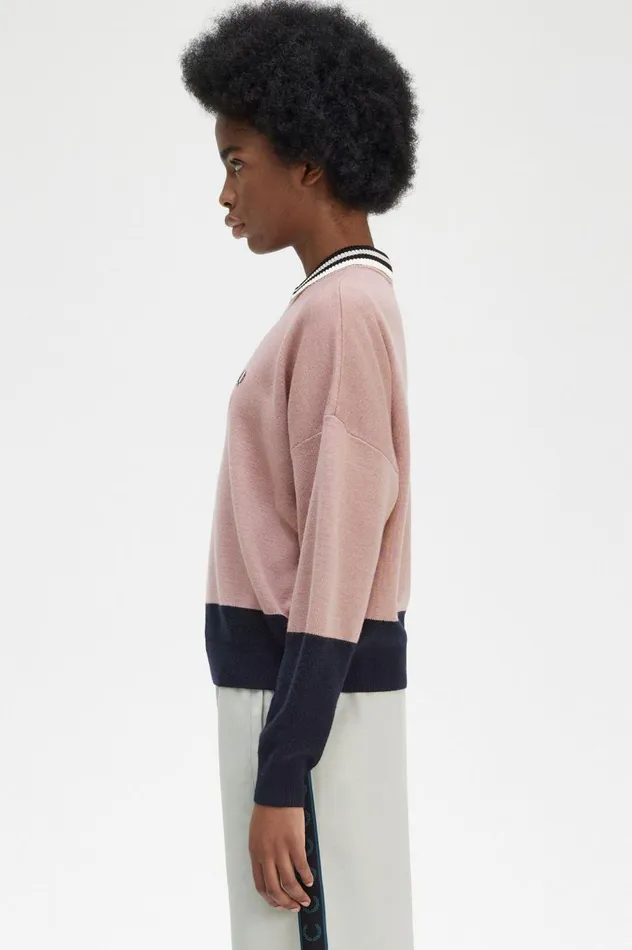 Women Colour Block Jumper Dusty Rose Pink Fred Perry Knitwear