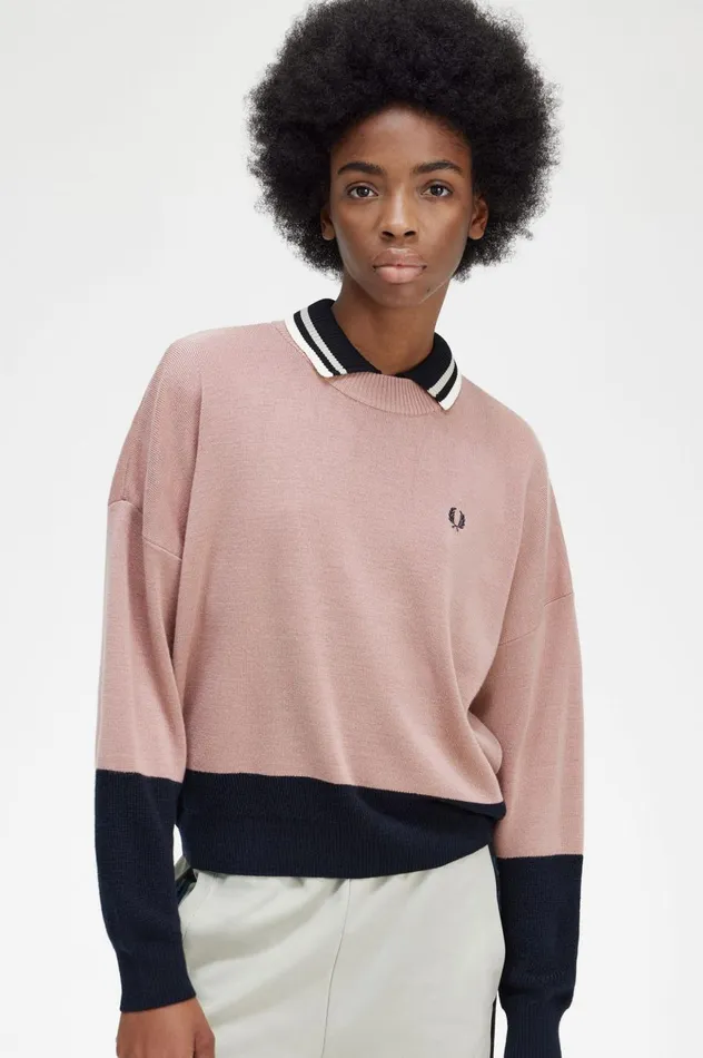 Women Colour Block Jumper Dusty Rose Pink Fred Perry Knitwear