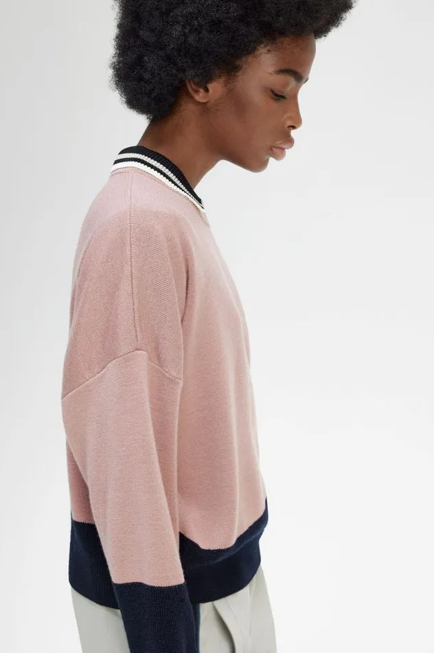 Women Colour Block Jumper Dusty Rose Pink Fred Perry Knitwear