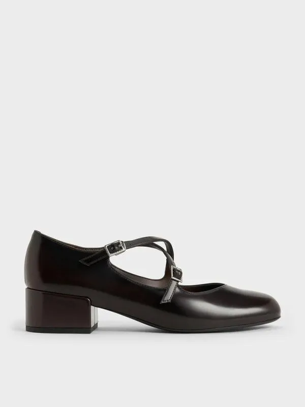 Women CrossoverStrap BlockHeel Mary Janes 8211 Dark Brown CHARLES and KEITH Pumps