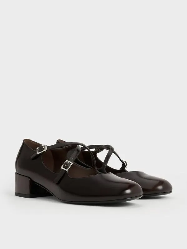 Women CrossoverStrap BlockHeel Mary Janes 8211 Dark Brown CHARLES and KEITH Pumps
