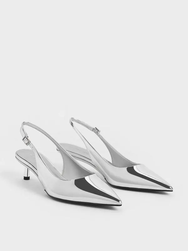 Women Curtis Metallic PointedToe KittenHeel Slingback Pumps 8211 Silver CHARLES and KEITH Heels