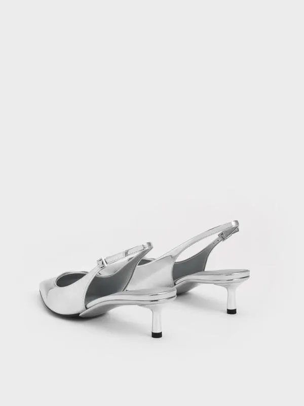 Women Curtis Metallic PointedToe KittenHeel Slingback Pumps 8211 Silver CHARLES and KEITH Heels