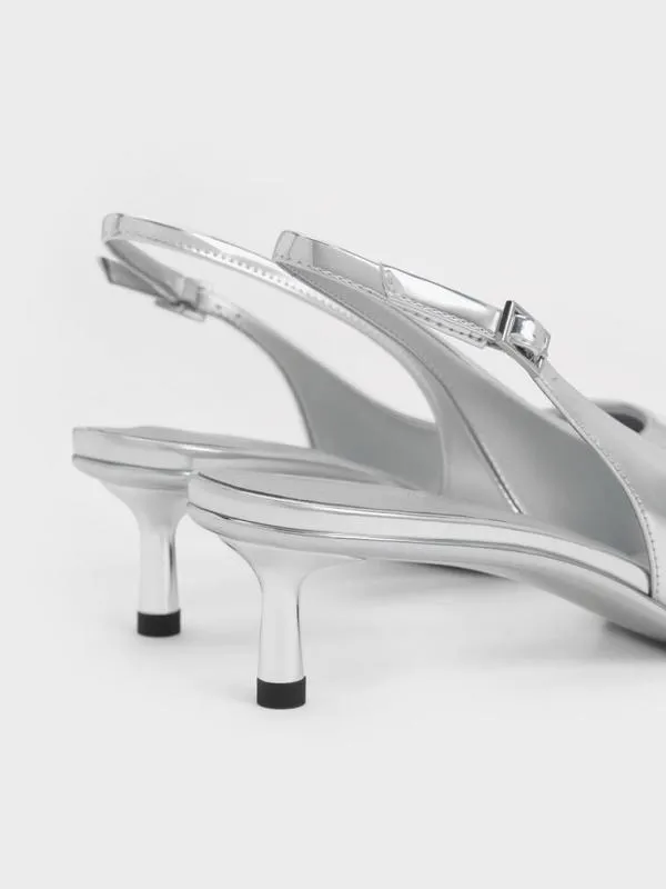 Women Curtis Metallic PointedToe KittenHeel Slingback Pumps 8211 Silver CHARLES and KEITH Heels