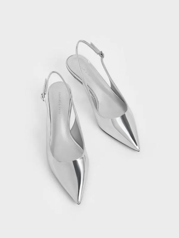 Women Curtis Metallic PointedToe KittenHeel Slingback Pumps 8211 Silver CHARLES and KEITH Heels