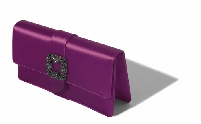 Women Dark Fuchsia Satin Jewel Buckle Clutch Manolo Blahnik Gifts For Her