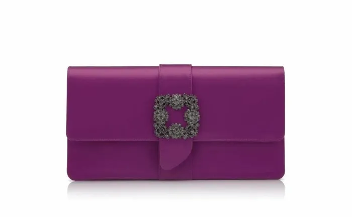 Women Dark Fuchsia Satin Jewel Buckle Clutch Manolo Blahnik Gifts For Her