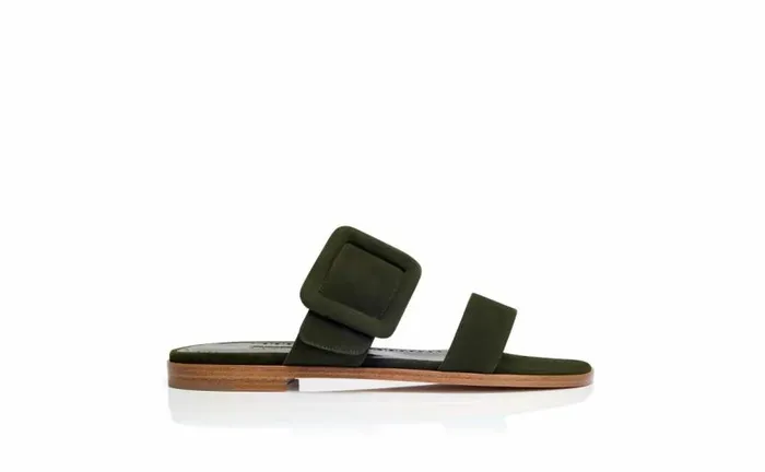 Women Dark Green Suede Flat Sandals Manolo Blahnik Flats